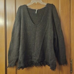 Free People Brown Wool Irresistible Fringe Trim‎ V-Neck Sweater Oversized Medium